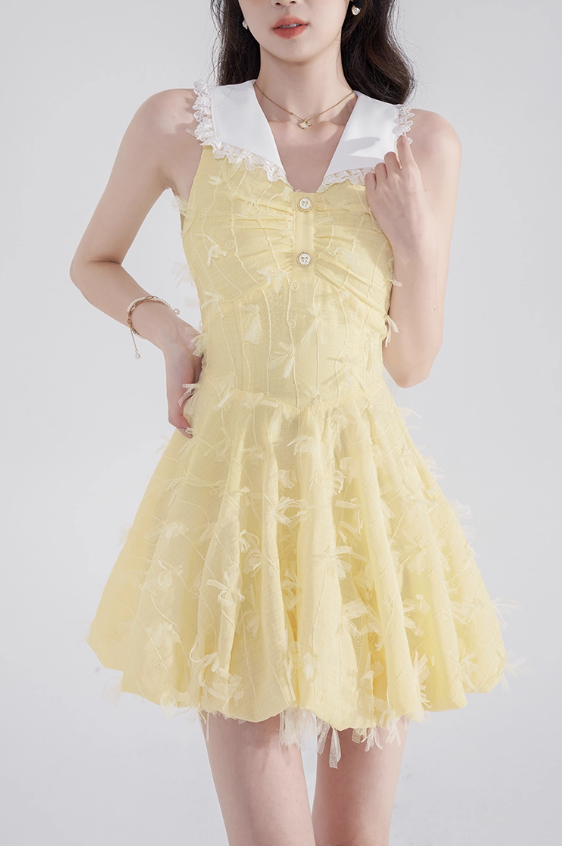 Summer pleated sleeveless dress new yellow lace sweet short skirt niche design waist skirt female R4116