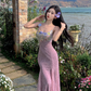 Fairy V-neck suspender dress heavy three-dimensional flower lace embroidery fishtail long skirt R1749