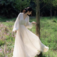White dress, super fairy temperament chiffon skirt, waist slimming V-neck long sleeve long skirt R1707