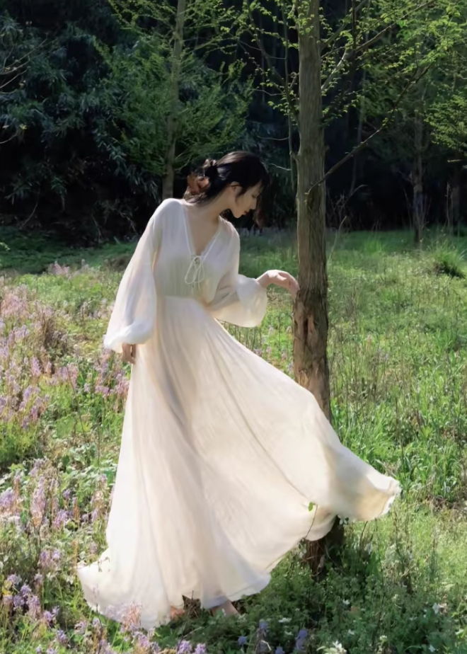 White dress, super fairy temperament chiffon skirt, waist slimming V-neck long sleeve long skirt R1707