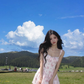 Pink floral suspenders waist A-line slim short skirt homecoming dress R3432
