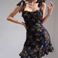French style black floral suspender skirt retro wood ear high waist dress A-line short skirt R2860