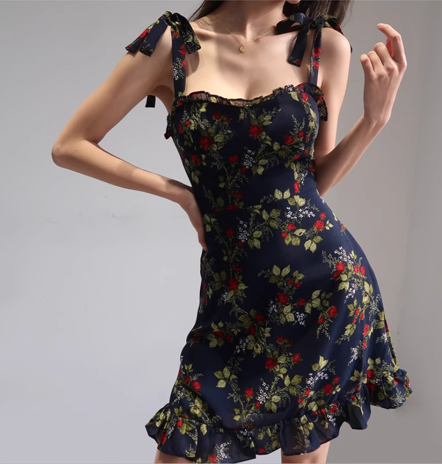 French style black floral suspender skirt retro wood ear high waist dress A-line short skirt R2860