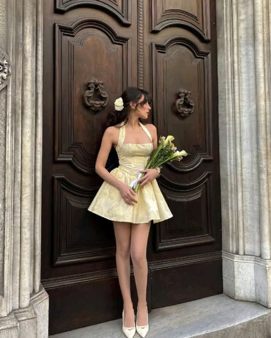 Yellow halter neck slim fit leg-lengthening sexy A-line homecoming dress R2427