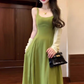 High-grade green square-neck suspender dress, gentle style, beautiful waist temperament long dress R0471