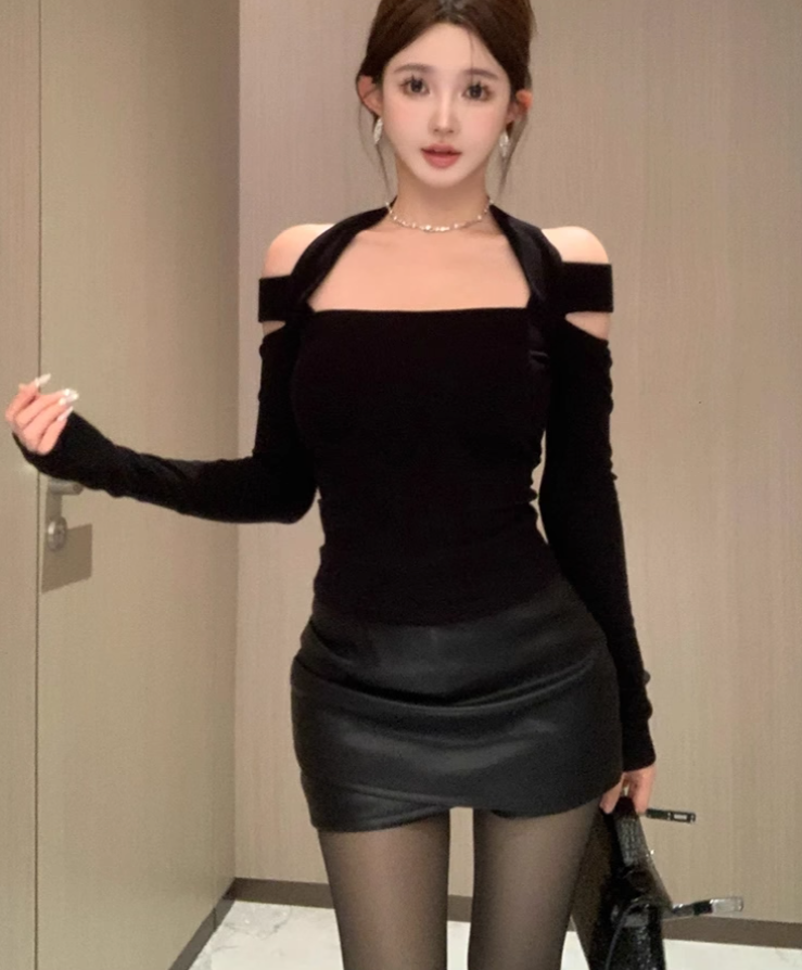 Pure desire style long sleeve halter neck off-shoulder top 2025 large size hip suit R1414