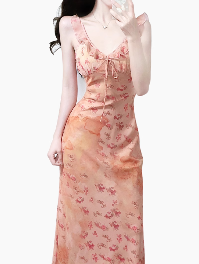 2025 summer new pink floral gentle style small flying sleeve waist lace dress R0954
