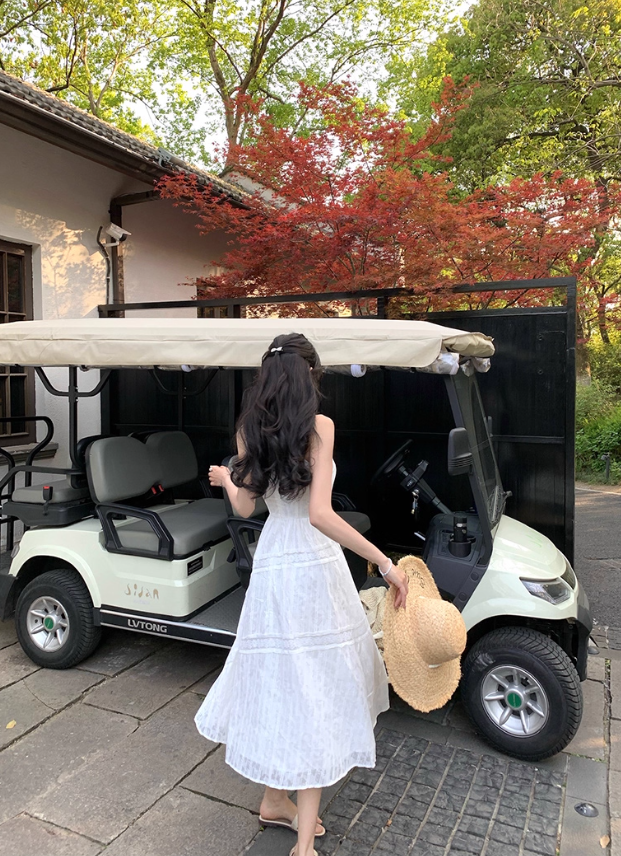 French style white sleeveless halter neck off-shoulder dress midi dress women's summer new style R4377