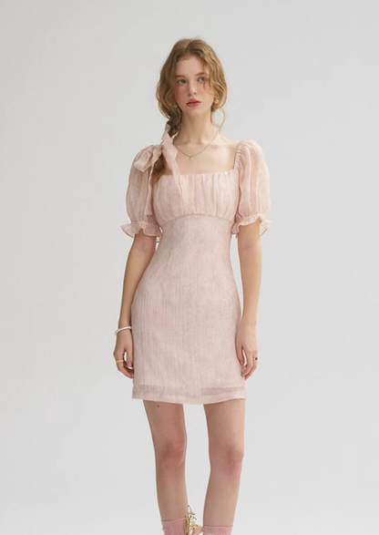 French style pink sweet dress puff sleeve square neck short skirt waist short skirt female summer R3555