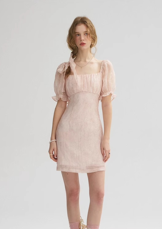 French style pink sweet dress puff sleeve square neck short skirt waist short skirt female summer R3555