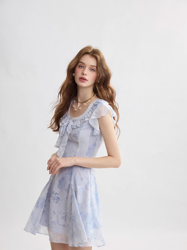 French ruffle dress high-end mini skirt floral skirt holiday style R2757