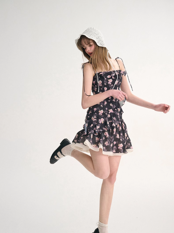 French style skirt short suspender skirt floral dress small flower skirt R2753