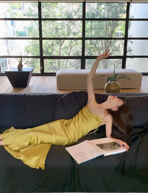 French silk satin suspender dress with backless vacation outfit fishtail slit inner long skirt R1531