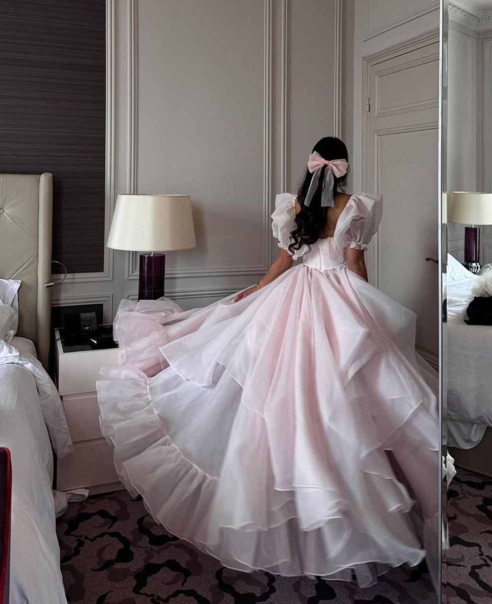 Puffy Tulle Layered Women's Prom Gown Blush Pink Waist Fitted Maxi Evening Dress Party Dress — Fall Outfit 2026 New  RS3349