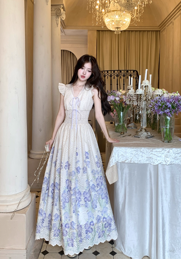 V-neck small flying sleeves printed hollow waist dress women's summer French temperament skirt R4618