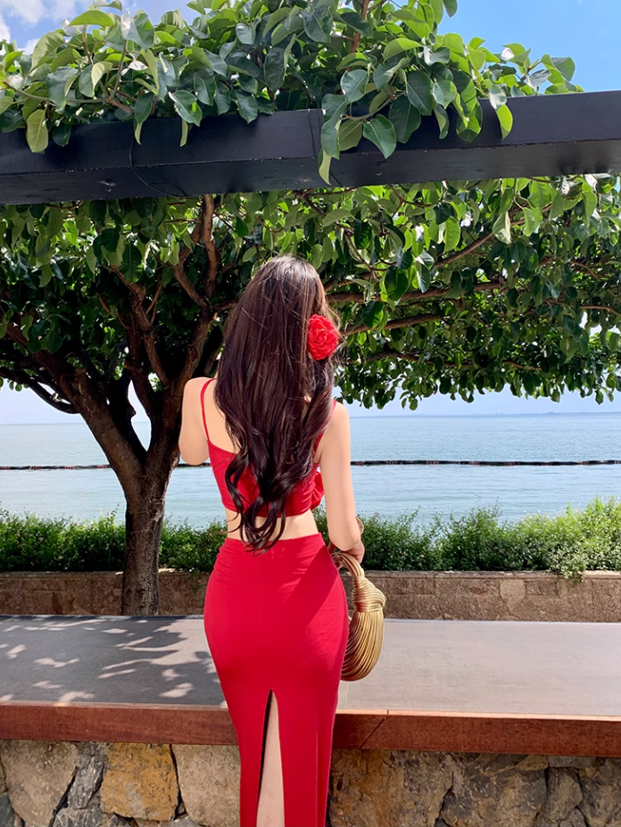 Beach Outfit Red Hip-hugging Skirt Two-piece Set Atmosphere Holiday Beach Skirt R1613