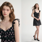 French style black skirt floral suspender skirt short dress R2696