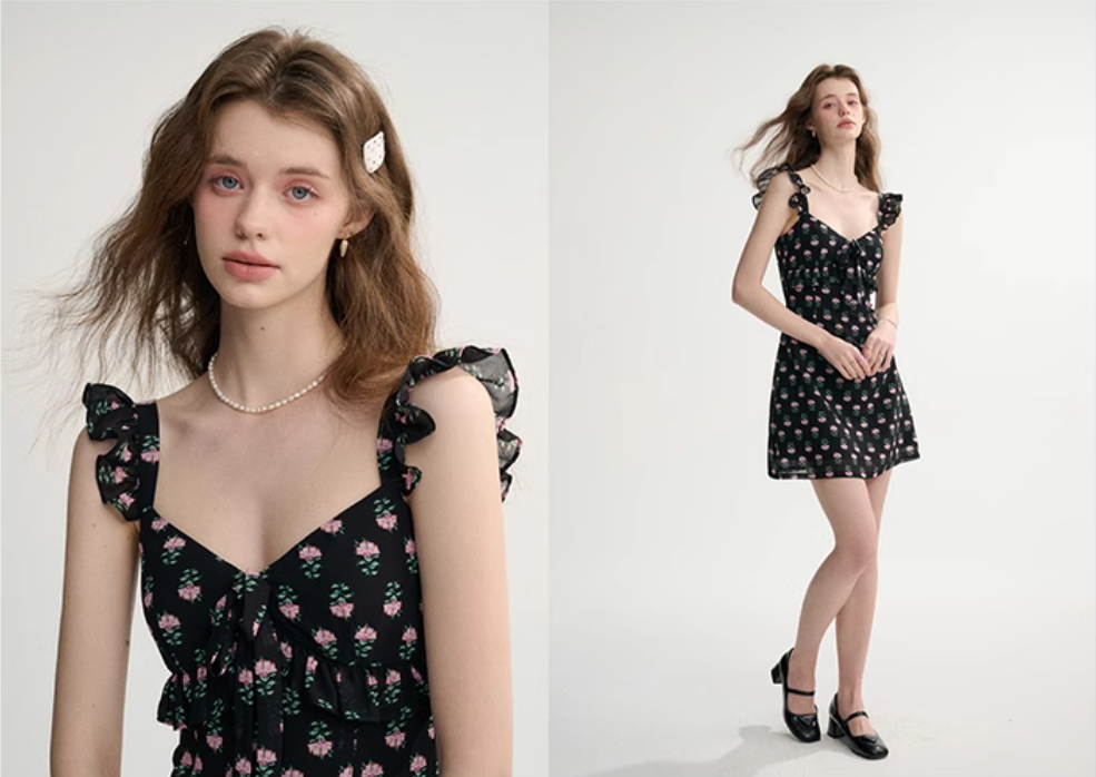 French style black skirt floral suspender skirt short dress R2696