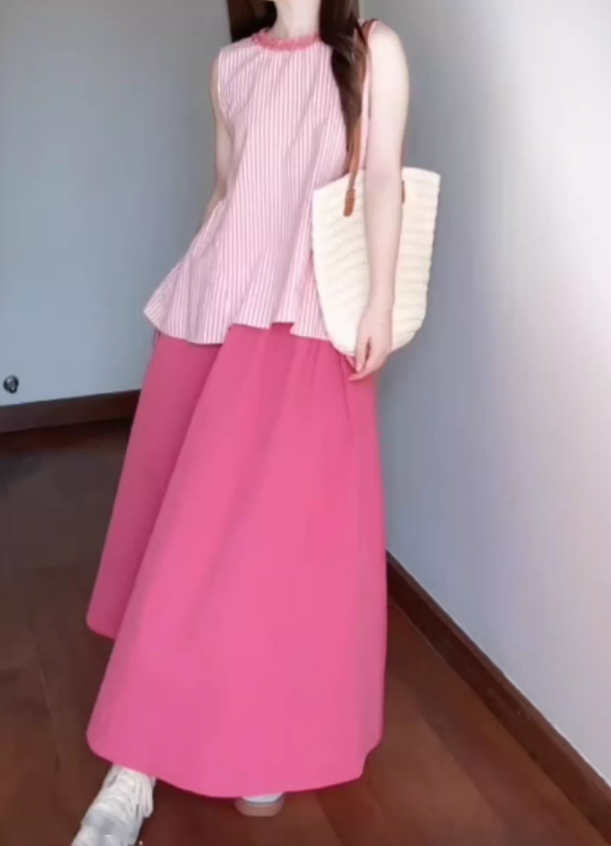 A set of gentle pink striped sleeveless top a-line skirt beautiful suit R0782