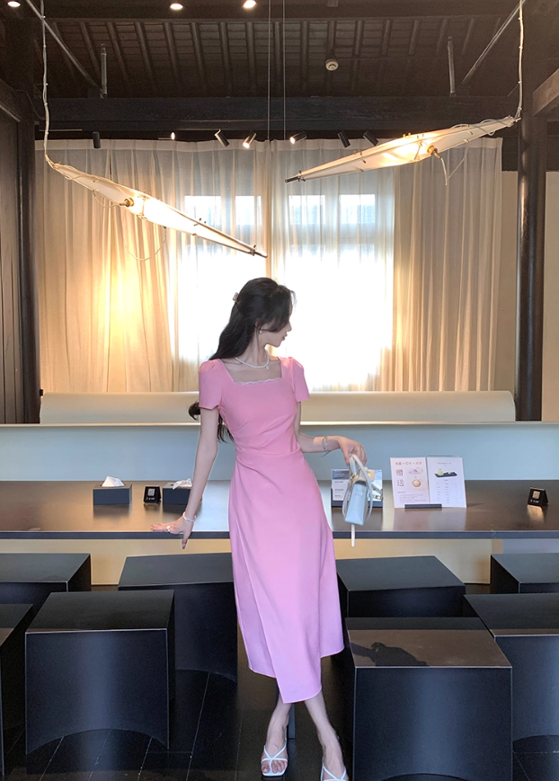 French elegant pink square neck dress for women with slim waist and elegant long skirt R4258