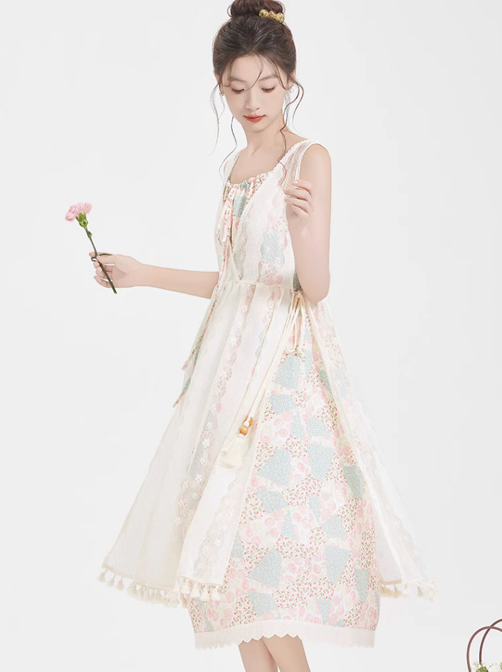 Forest style pastoral style floral dress new style suspender skirt blouse suit two-piece set R2394