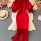 Retro French style waisted hip dress long skirt lace one-shoulder off-shoulder lantern sleeve dress R0383