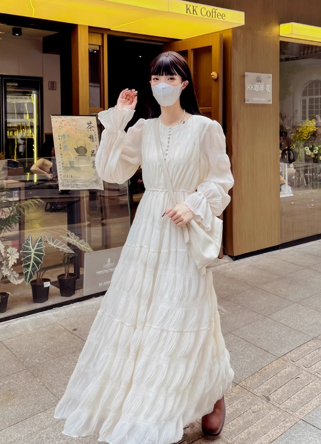 Tea break French style white beach dress waist slimming holiday long dress chiffon dress R1696