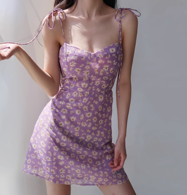 French Daisy Suspender Dress Retro Floral Waist Slimming Suspender Dress R2863
