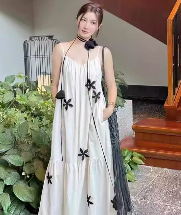 Beach dress with embroidered flowers, cotton and linen, holiday style, loose suspender dress R1610