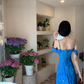 French blue floral suspender dress for women summer vacation fairy off-shoulder long dress R4375