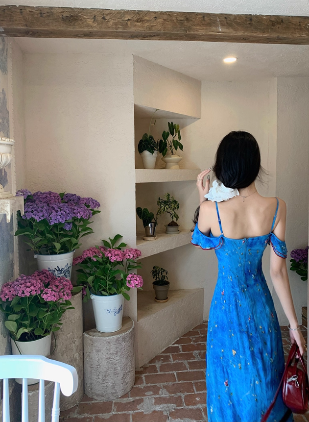 French blue floral suspender dress for women summer vacation fairy off-shoulder long dress R4375
