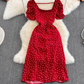 Holiday beach dress with open back, super fairy square collar, slim fit, puff sleeves, slit polka dot dress R0346