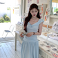 Blue v-neck small flying sleeve t-shirt pleated skirt suit summer French style loose two-piece suit R4913