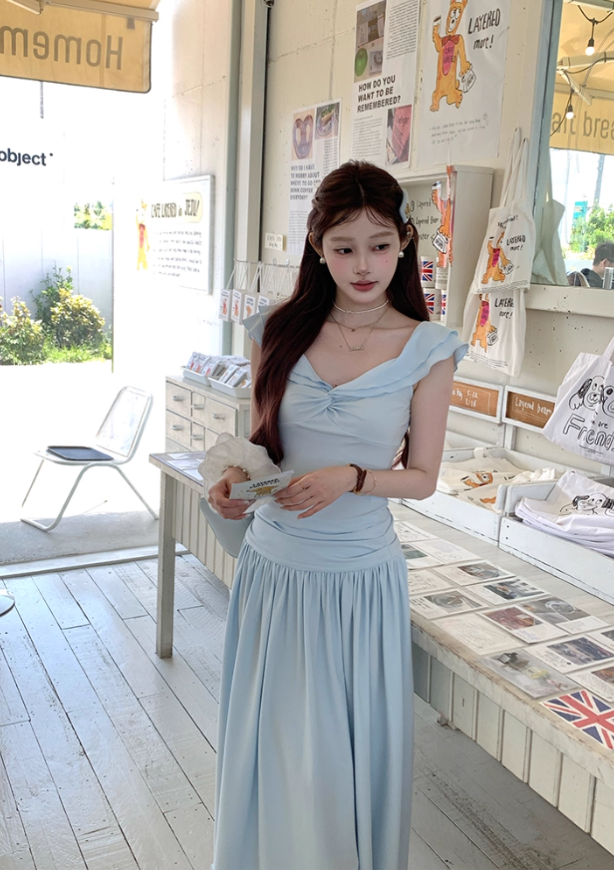 Blue v-neck small flying sleeve t-shirt pleated skirt suit summer French style loose two-piece suit R4913