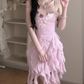 Ruffled purple flower suspender dress gentle temperament waist A-line beach dress R0792