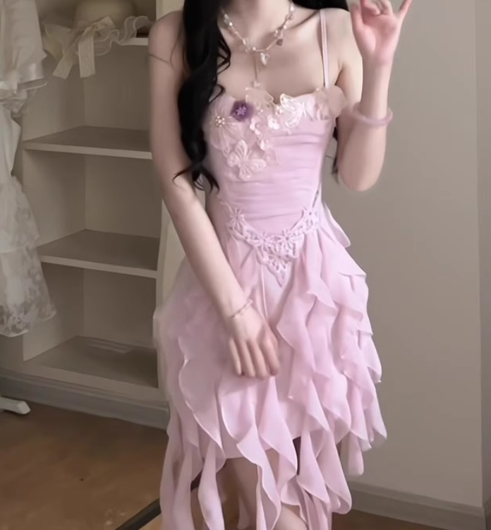 Ruffled purple flower suspender dress gentle temperament waist A-line beach dress R0792