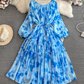 Gentle style lady temperament long sleeve low round neck waist medium length A-line printed dress R0392