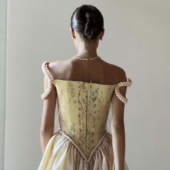 Yellow retro pattern A-line suspender puffy princess skirt homecoming dress R2424