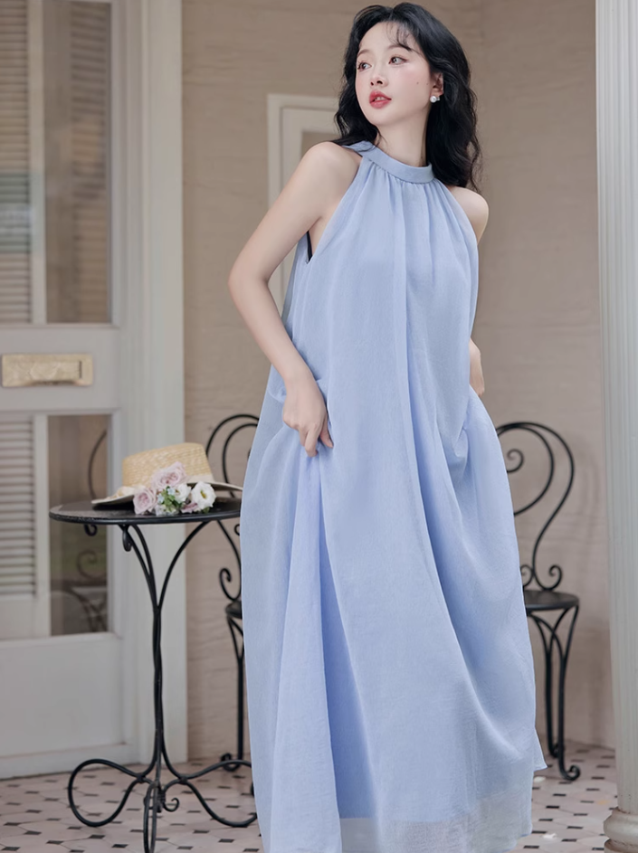 French blue halter neck dress new style holiday style waist beautiful fairy dress R2402