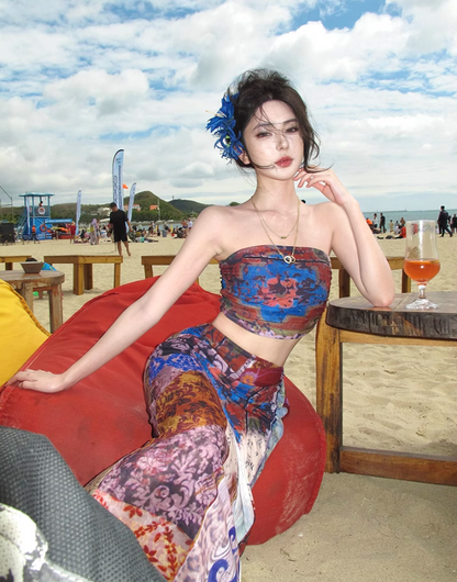 Holiday style retro print tube top vest irregular hip skirt two-piece set R0894