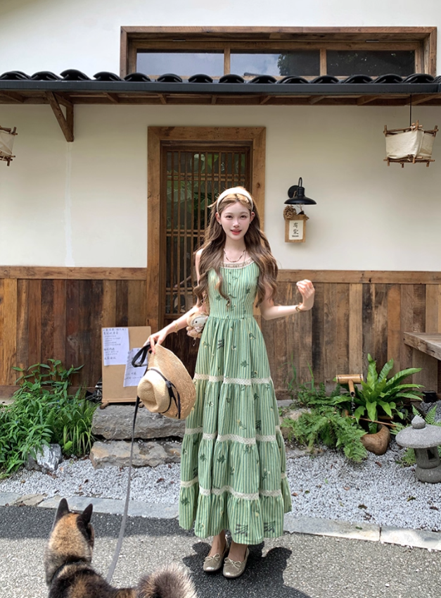 Green long round neck sleeveless suspender dress women's summer French temperament skirt R4742