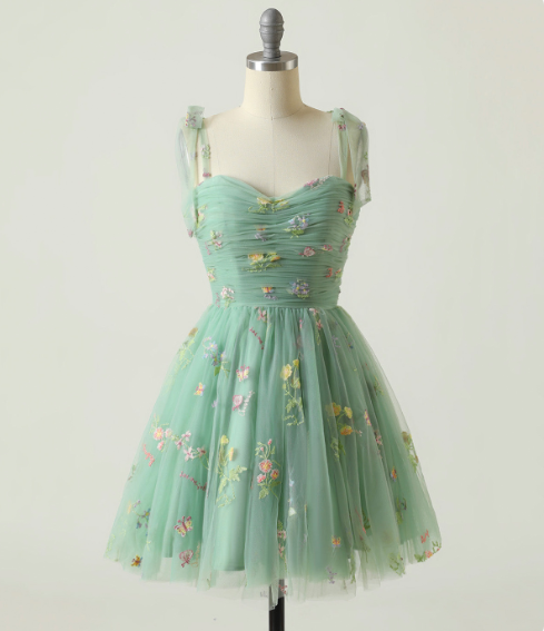 Green Floral Homecoming Dress , CottageCore Flowy Corset Mini Summer Dress RS1438