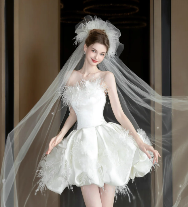 White tube top is gentle and cute with slim waist and puffy skirt, princess short skirt for homecoming dress R4188