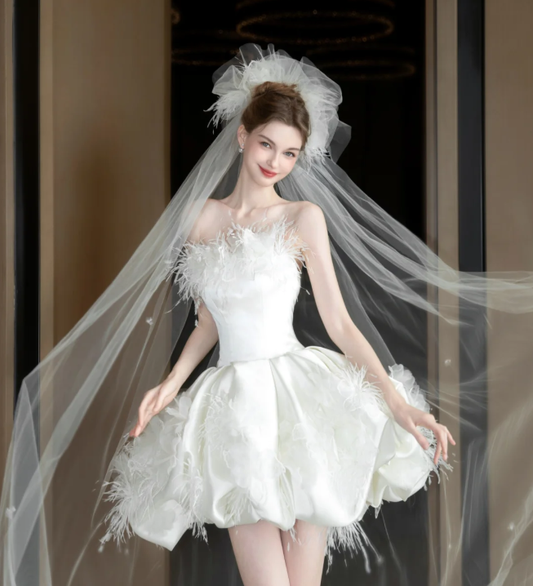 White tube top is gentle and cute with slim waist and puffy skirt, princess short skirt for homecoming dress R4188