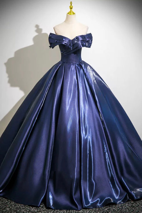 Charming Navy A-line Bateau Satin Corset Maxi Prom Dress Evening Dress RS502