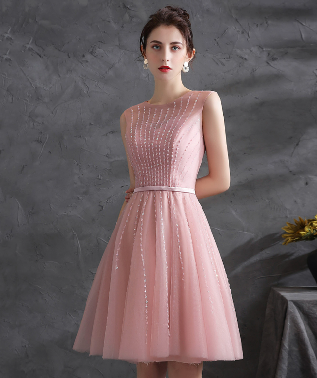 Elegant Pink Homecoming Dress , Tulle Glitter Rhinestone Decor Corset Short Prom Dress RS1702