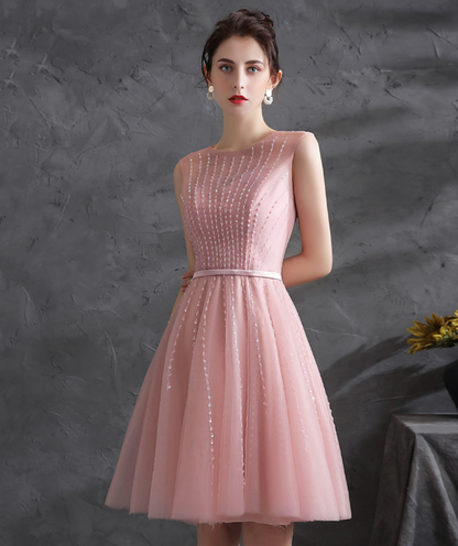 Elegant Pink Homecoming Dress , Tulle Glitter Rhinestone Decor Corset Short Prom Dress RS1702