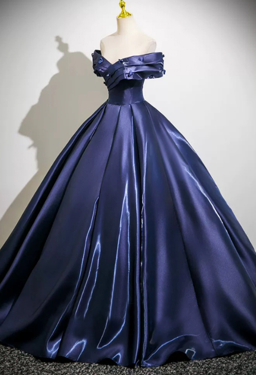 Charming Navy A-line Bateau Satin Corset Maxi Prom Dress Evening Dress RS502