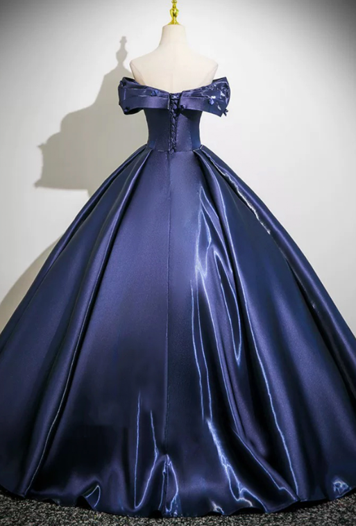 Charming Navy A-line Bateau Satin Corset Maxi Prom Dress Evening Dress RS502
