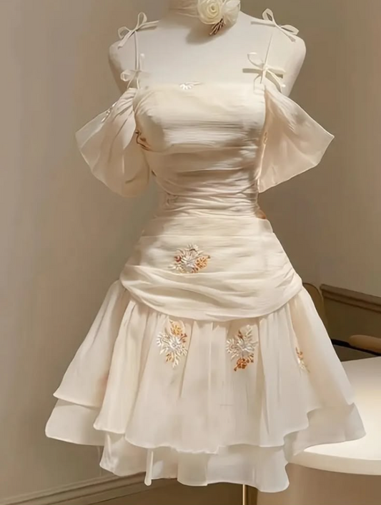 Elegant Ivory Homecoming Dress A-Line Off-the-shoulder Embroidery Corset Mini Prom Dress RS730